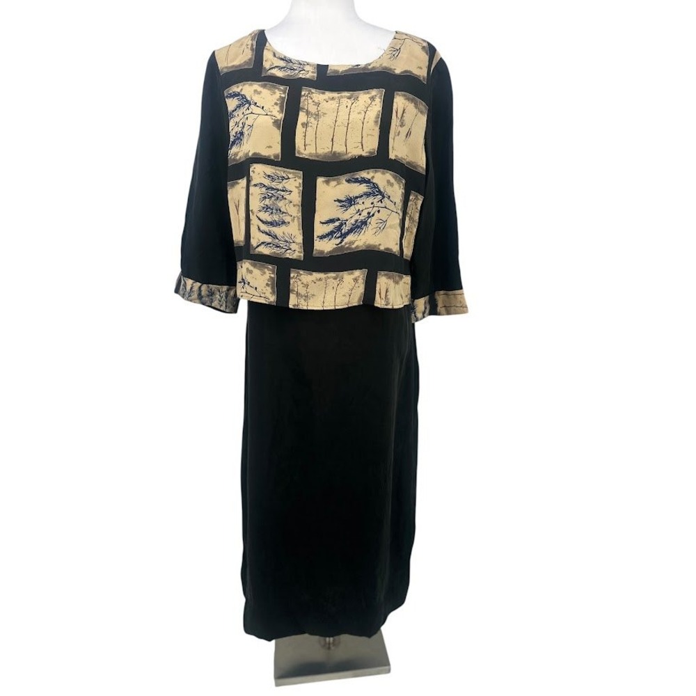 Vintage Wild Rose Silk Maxi Dress 10 Black Tan 90s Artsy Made USA Earthy Boho